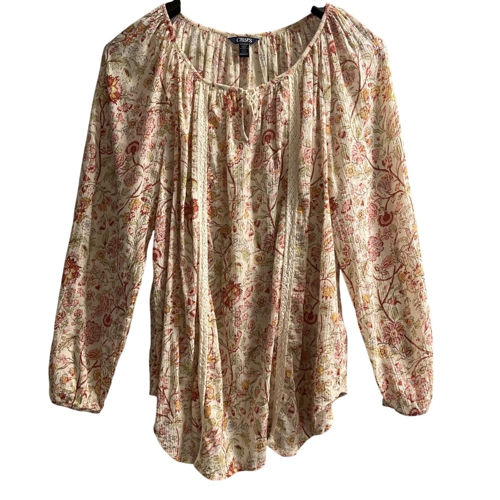 Chaps Top Womens 1X White Red Floral Gauzy Cotton Crochet Tie Neck Tunic Boho